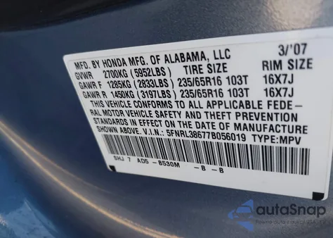 2007 Honda Odyssey Ex-L z USA, uszkodzony, nr VIN 5FNRL38677B056019